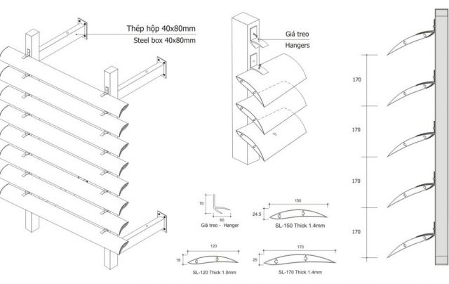 cấu tạo thi công lam chắn nắng hình lá liễu