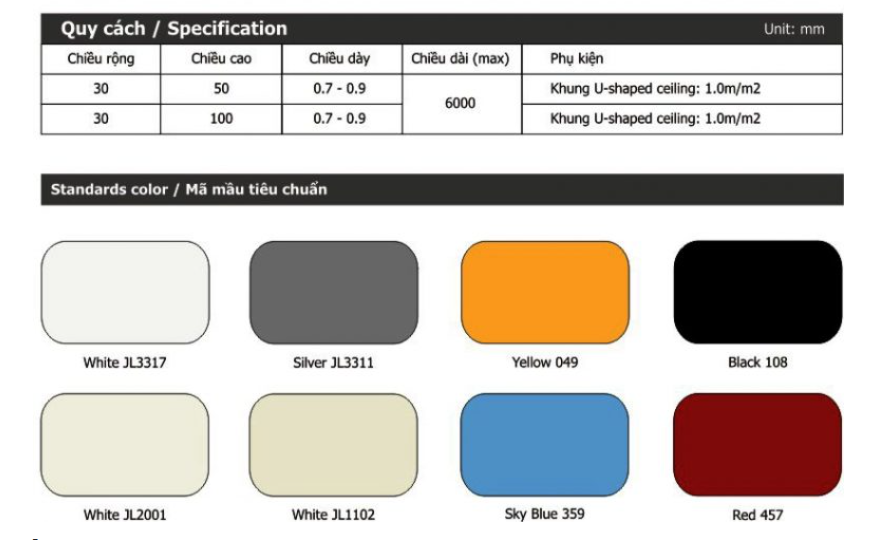 quy cách và màu trần nhôm u-shaped